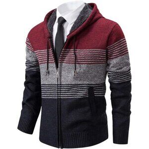 Mens Hoodie Sweater Full Zip Knit Fleece Lined Cardigan Jacket Casual Warm